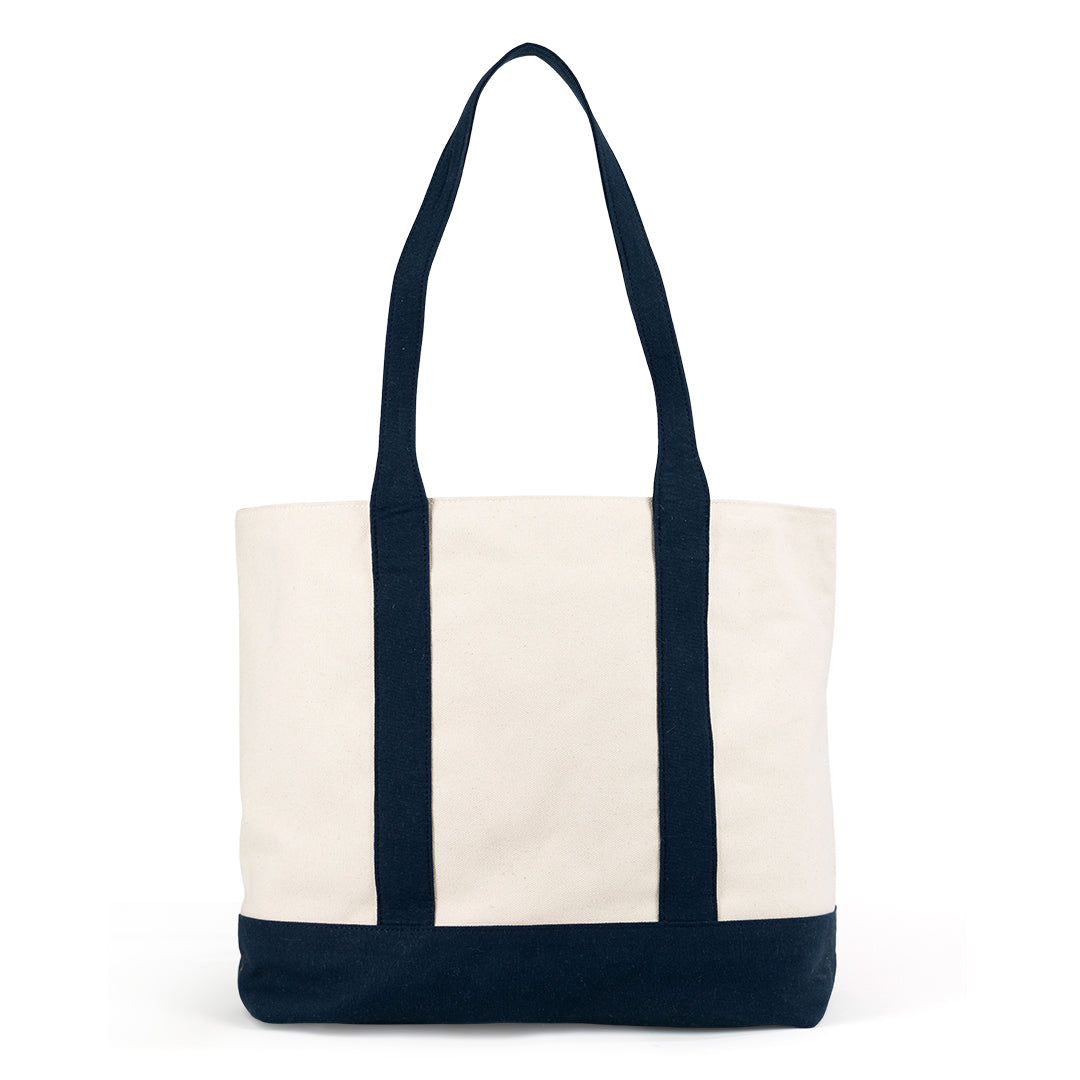 Back view of canvas tennis tote with navy straps and a front pocket for holding a tennis racquet