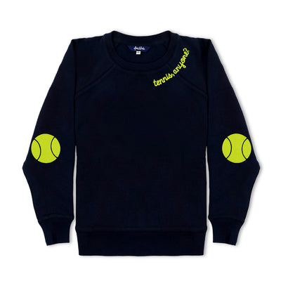Navy women's sweatshirt with lime embroidery on neckline that reads "tennis anyone" and embroidered tennis ball patches on the elbows.