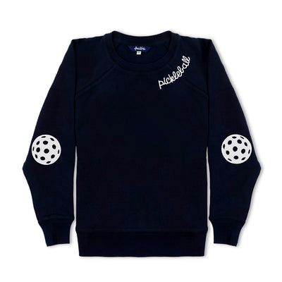 Womens navy sweatshirt with white embroidery on the neckline that reads "Pickleball" and white pickleball patches embroidered on the elbows