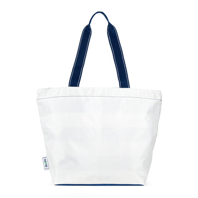 white nylon tote bag with navy straps