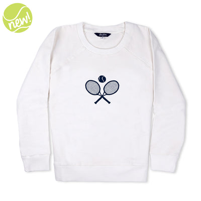 White sweatshirt lays flat on white background with navy crossed racquets embroidered on the front