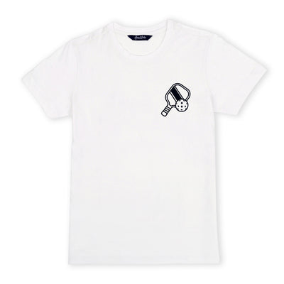 White t-shirt lays flat on a white background with a navy pickleball paddle and pickleball embroidered on the pocket area