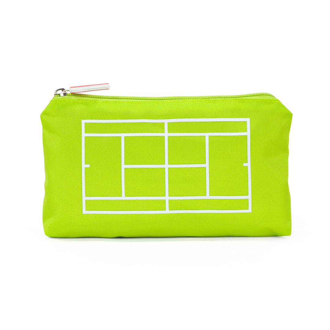Front view of florescent yellow everyday pouch. Pouch has white tennis court printed on front and red tennis racquet zipper pull.