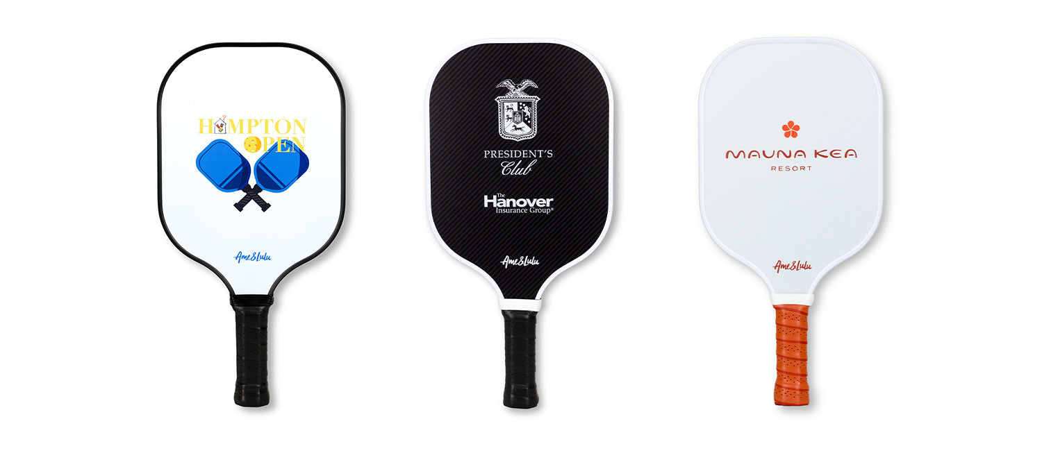 Three custom paddle tennis rackets with unique logos and colors from our active lifestyle collection, with free US shipping.