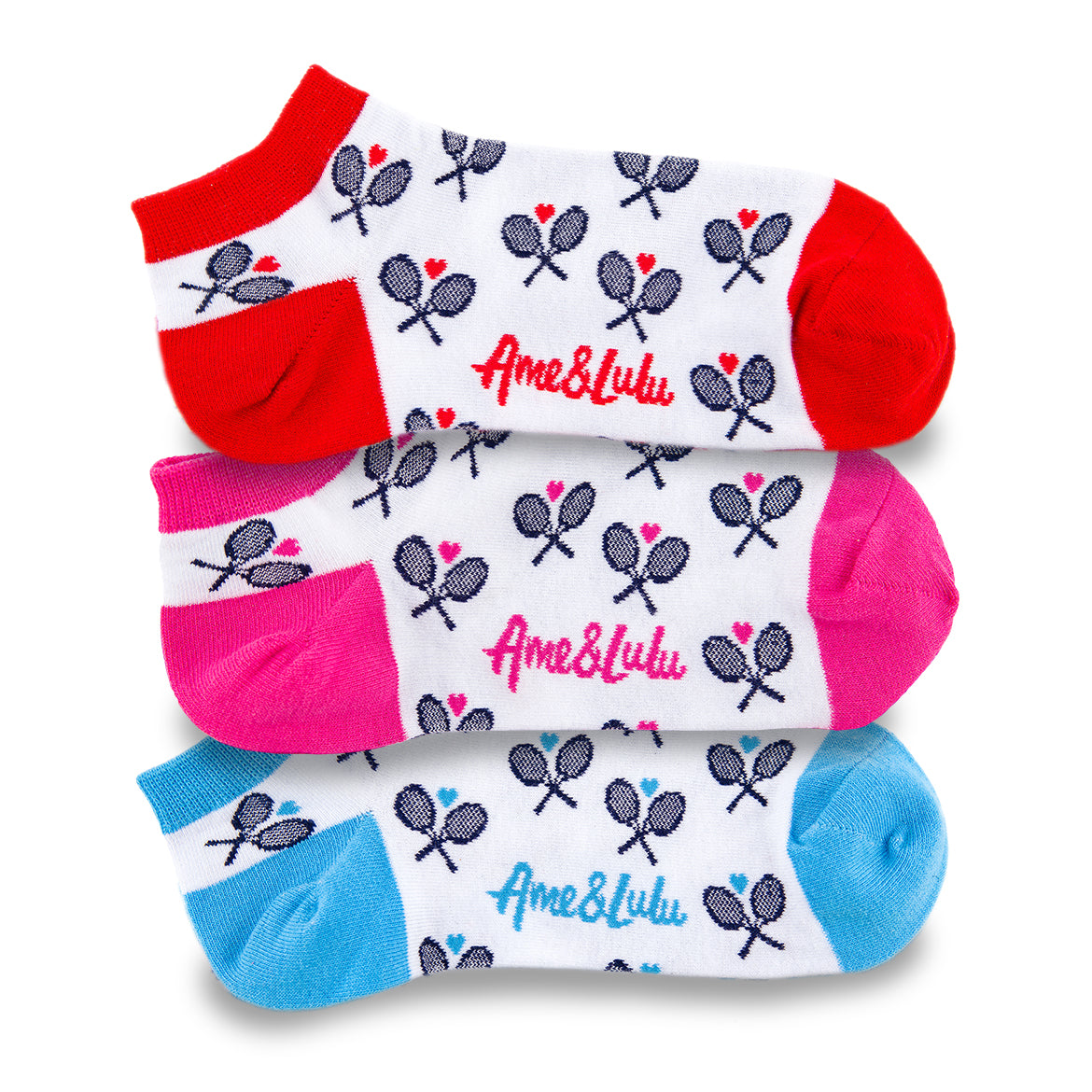 three pack of socks on white background. White sock with red trim and navy racquets, white sock with hot pink trim and navy racquets, and white sock with blue trim and navy racquets.