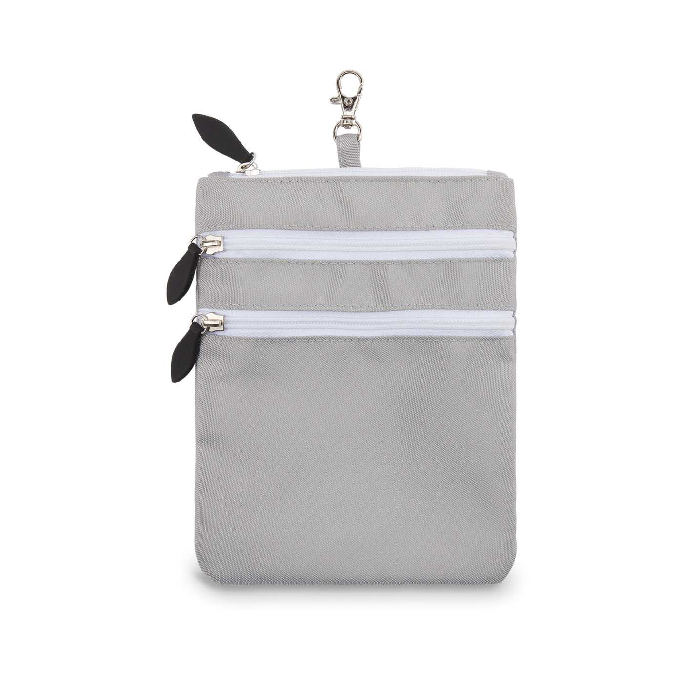 light grey tee pouch with black zippers