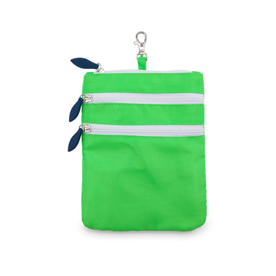 bright green small tee pouch with navy zippers