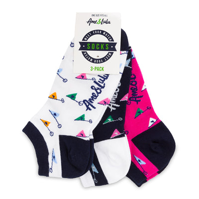 three pack of socks. White socks with rainbow flags. Navy sock with rainbow flags. Hot pink socks with rainbow flags
