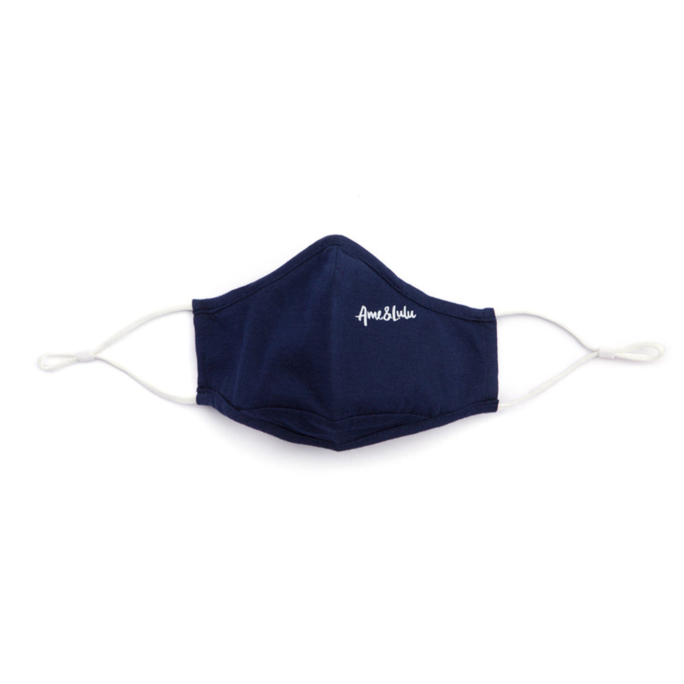 navy face mask with white Ame and Lulu logo printed on one side