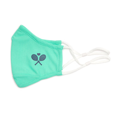 teal face mask with navy crossed racquets printed on one side