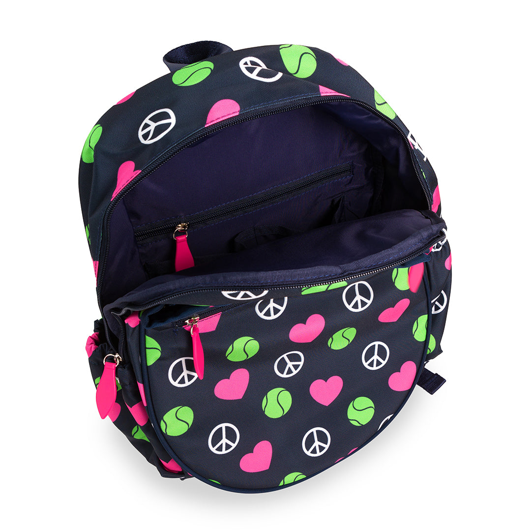 Inside view of navy kids tennis backpack with repeating pattern of white peace signs, pink hearts and green tennis balls.