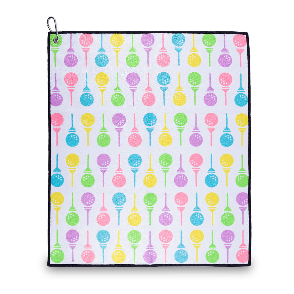 white towel with pastel rainbow golf and tee pattern