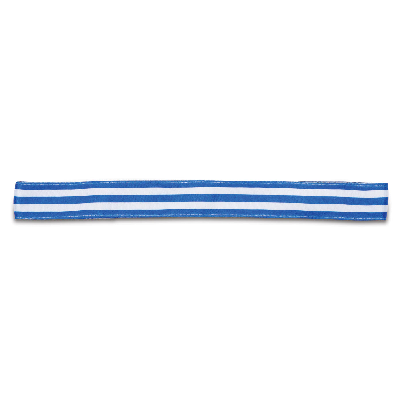 A blue and white striped headband with a black elastic band.