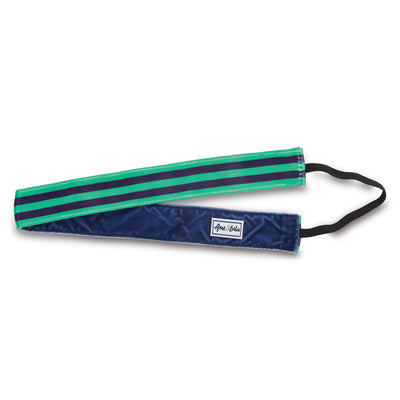 a green and navy striped headband with black elastic