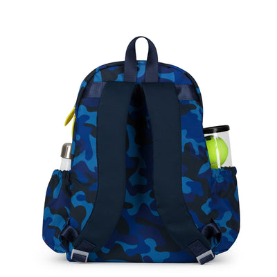 Back view of navy camo kids tennis backpack with lime green zippers.