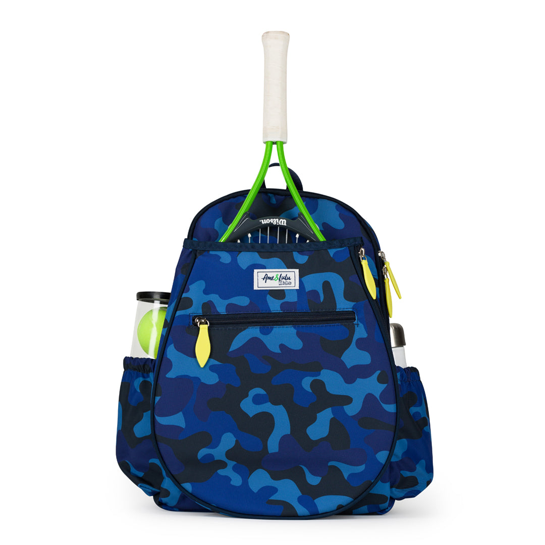Front view of navy camo kids tennis backpack with lime green zippers.