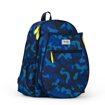 Side view of navy camo kids tennis backpack with lime green zippers.