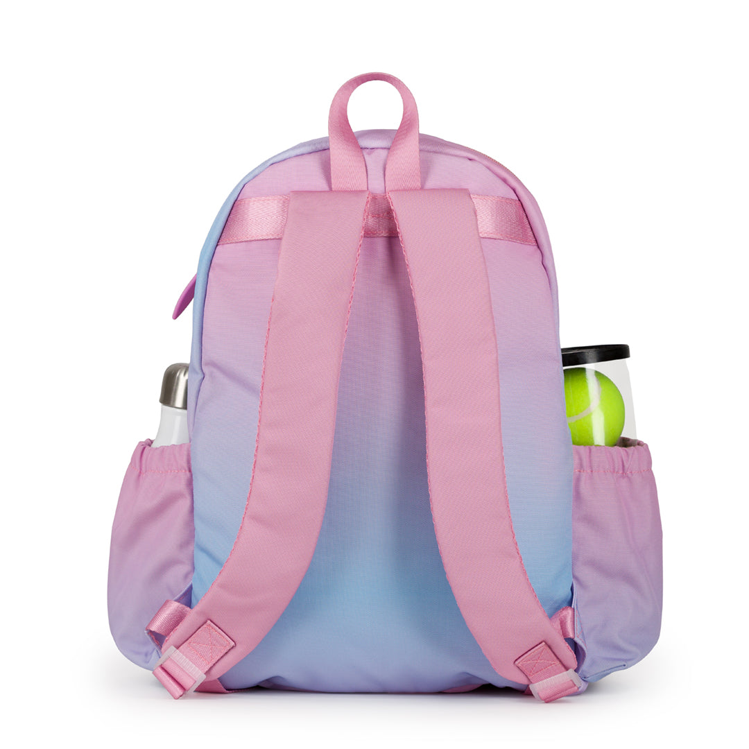 Back view of blue and pink ombre kids tennis backpack. straps are pink on bag