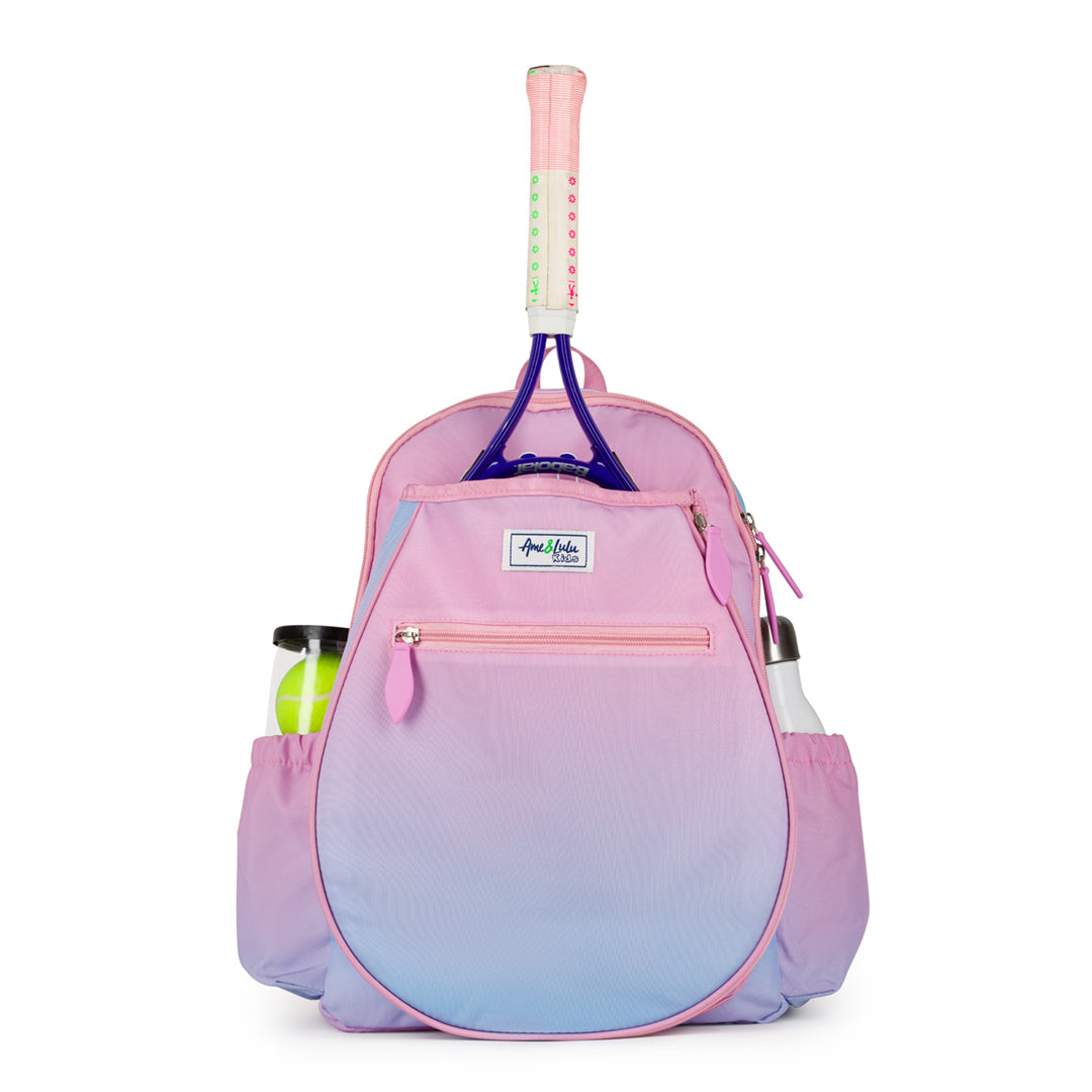 Front view of blue and pink ombre kids tennis backpack.