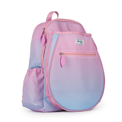 Side view of blue and pink ombre kids tennis backpack.