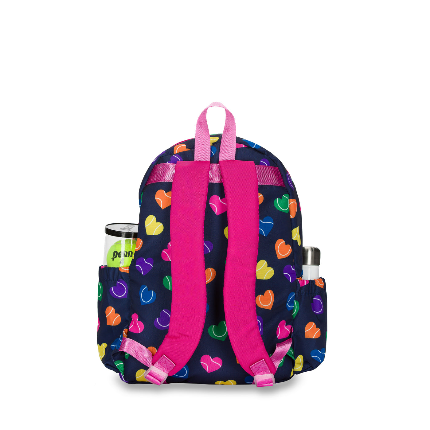 Back view of navy kids tennis backpack with repeating rainbow heart shaped tennis balls pattern.