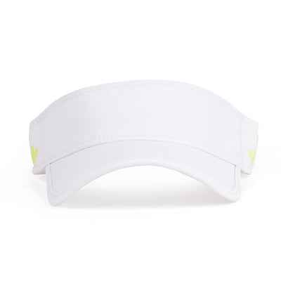 Front view of white kids visor with rainbow hand drawn hearts printed on sides.