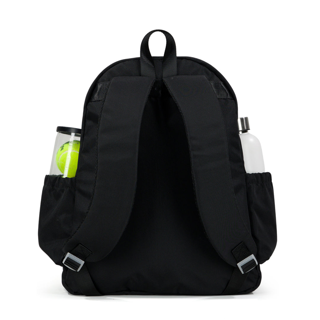 back view of black pickleball backpack with coral zip pulls
