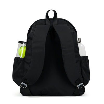 back view of black pickleball backpack with coral zip pulls