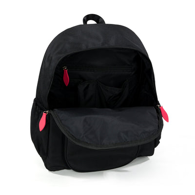 interior view of black pickleball backpack with coral zip pulls