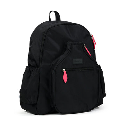 black side view of pickleball backpack with coral zip pulls