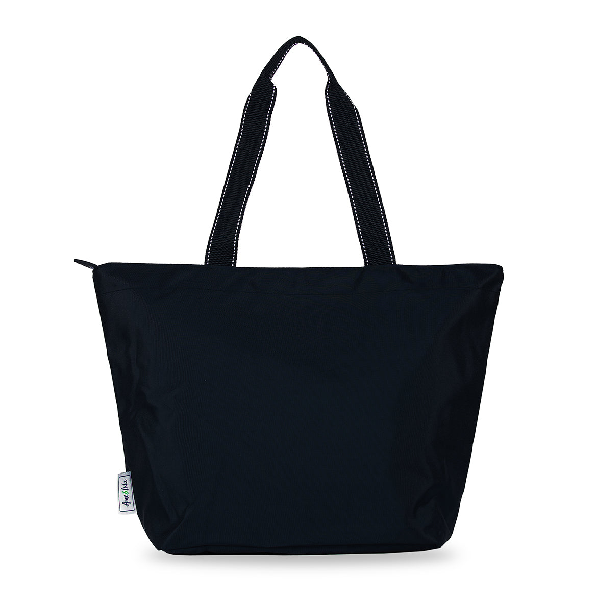 black nylon tote with black straps