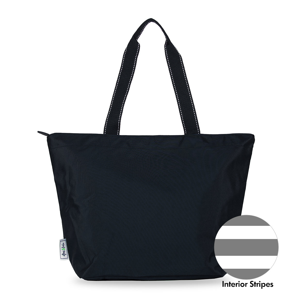 black nylon tote with black straps that shows a swatch next to it with gray and white interior stripes
