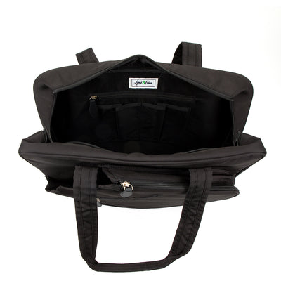 Inside view of black tennis tote with black interior