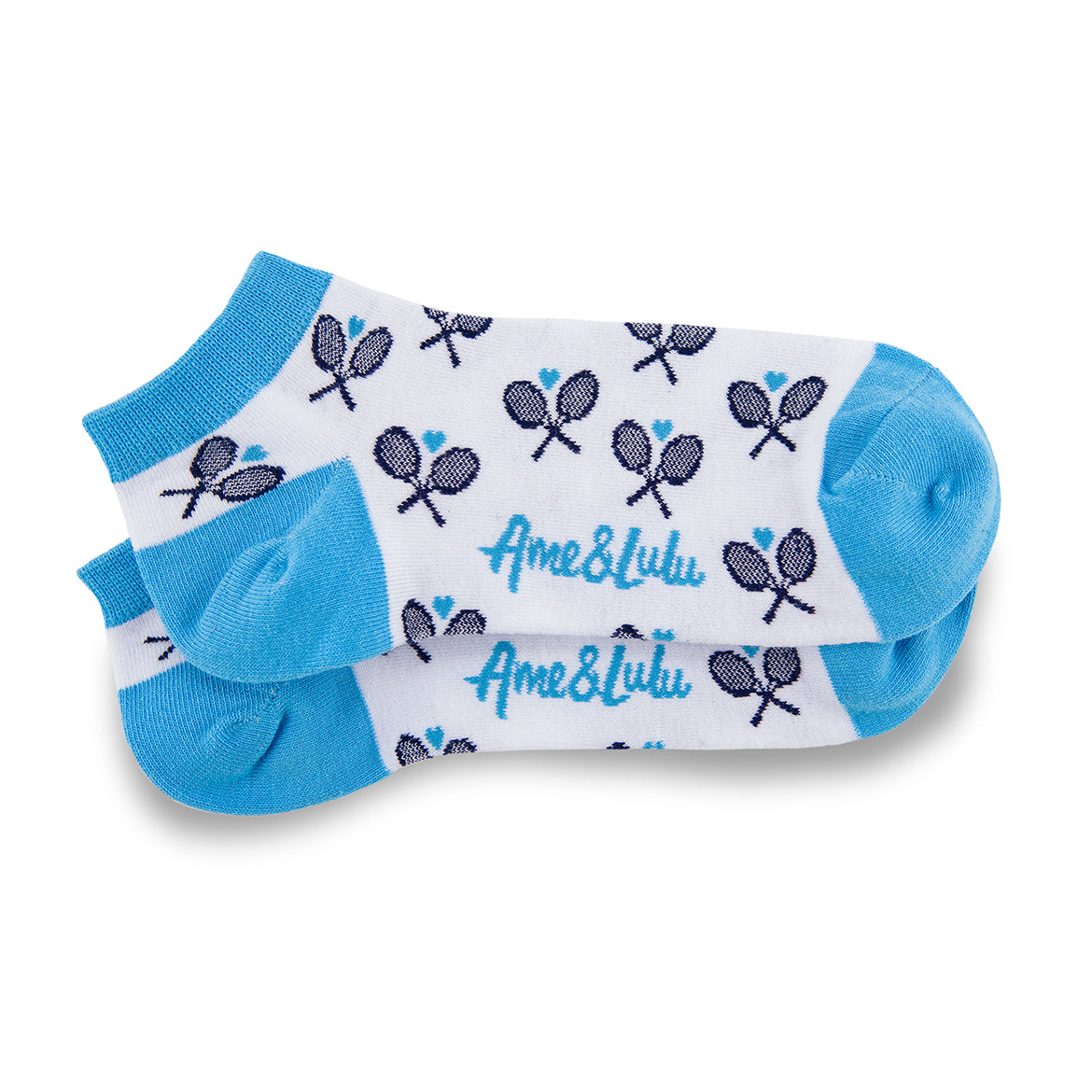 three pack of socks on white background. White sock with red trim and navy racquets, white sock with hot pink trim and navy racquets, and white sock with blue trim and navy racquets.