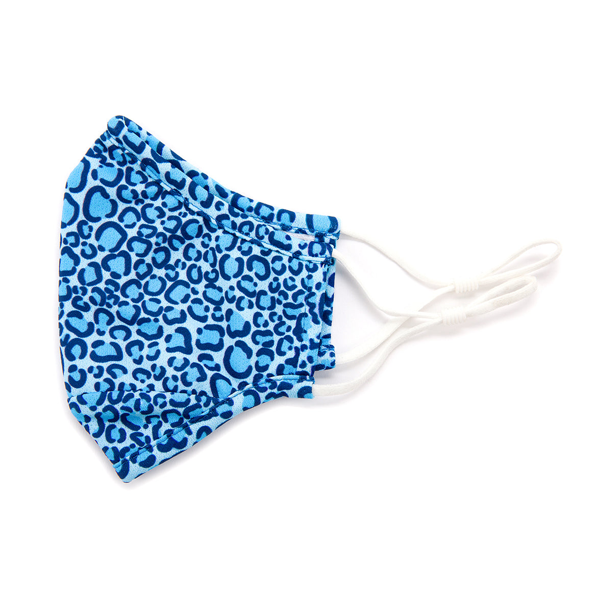 blue and navy leopard pattern face mask with white elastic straps