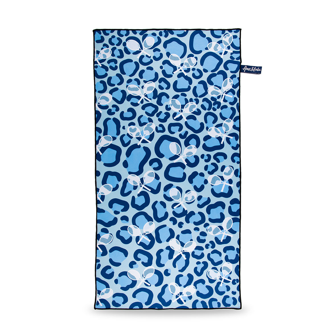 rectangular towel with blue leopard and repeating white tennis racquets pattern.
