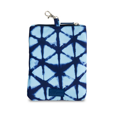 back view of front view of navy and blue tie dye pattern small pouch.