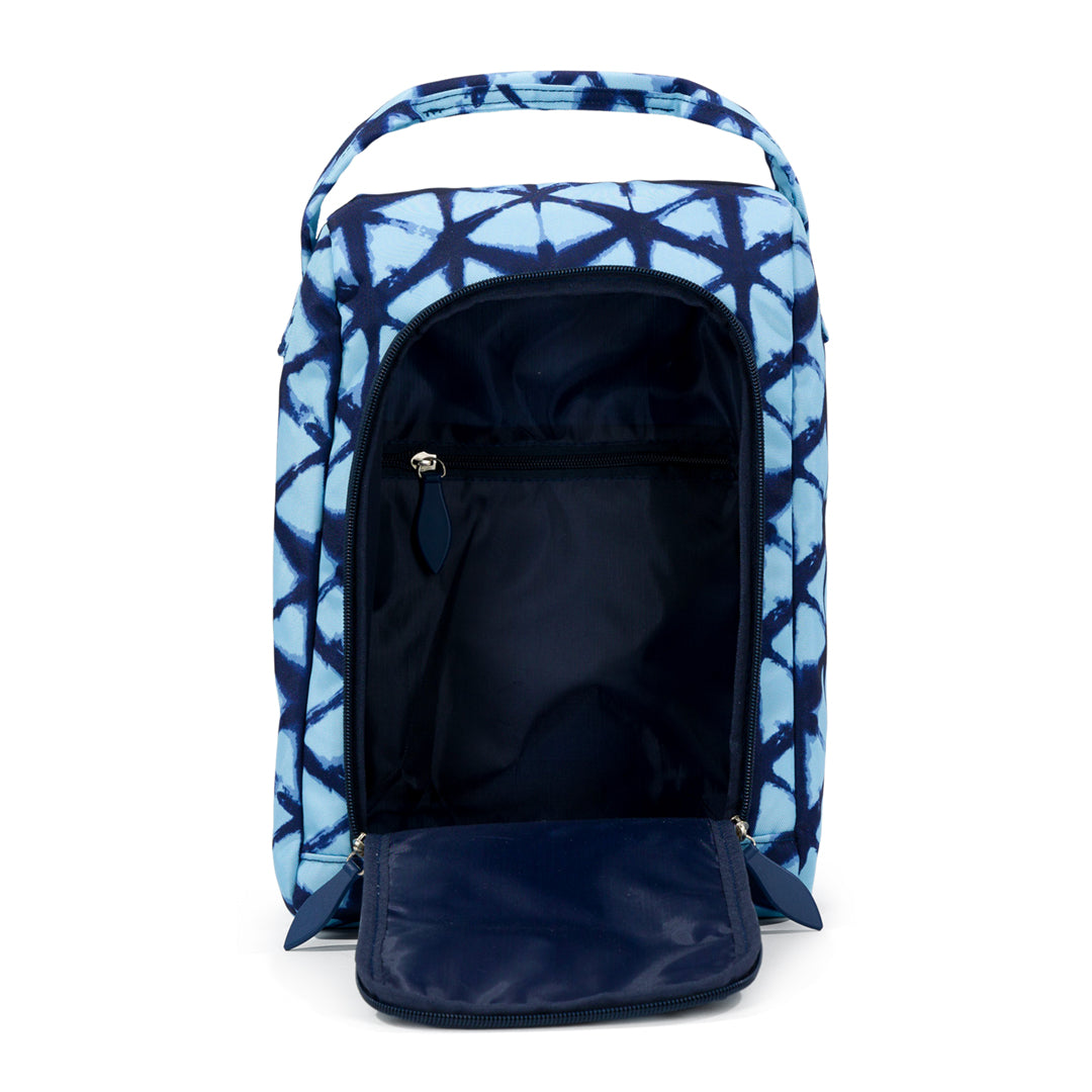 inside view of navy and blue tie dye pattern shoe bag