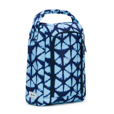 side view navy and blue tie dye pattern shoe bag