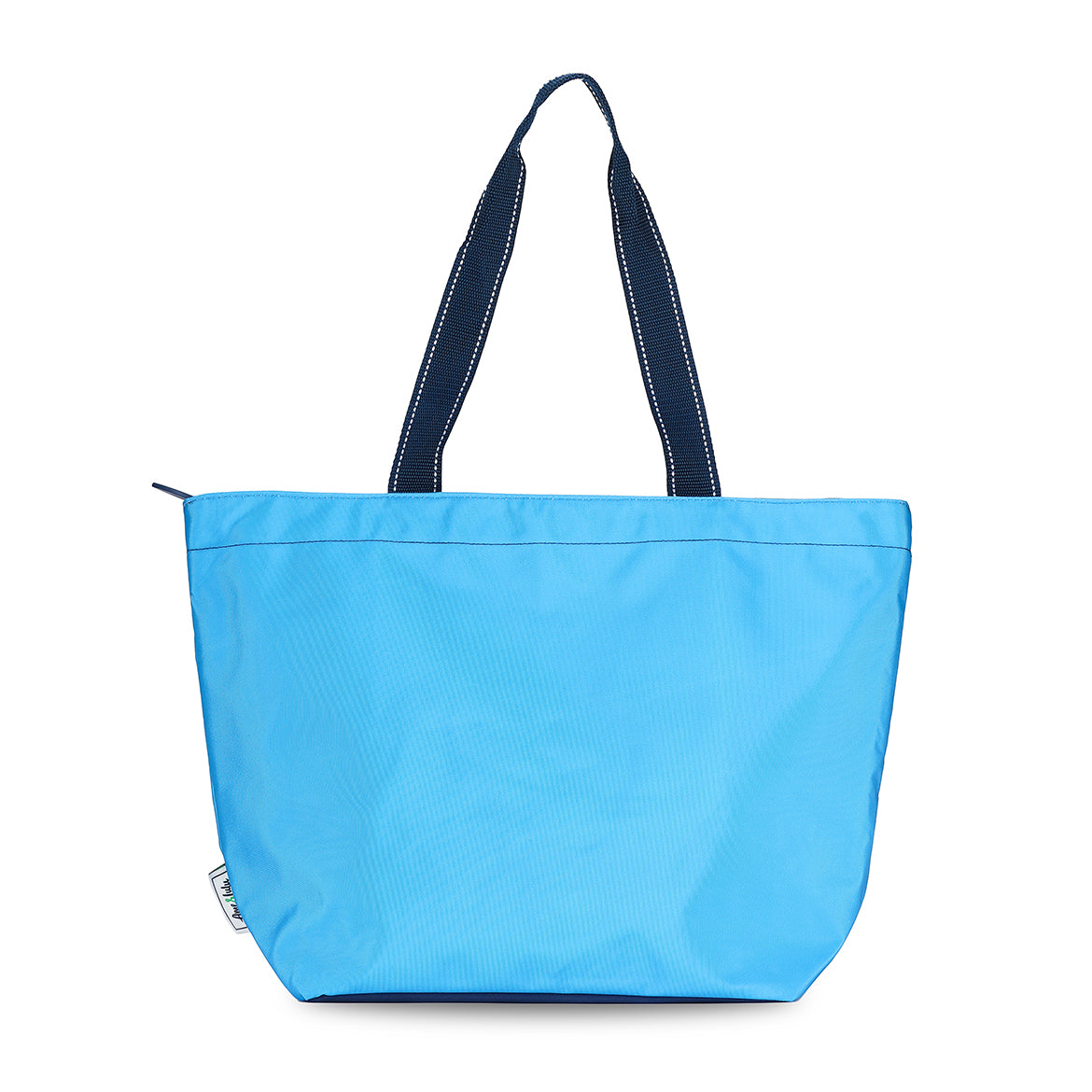 blue nylon tote bag with navy straps