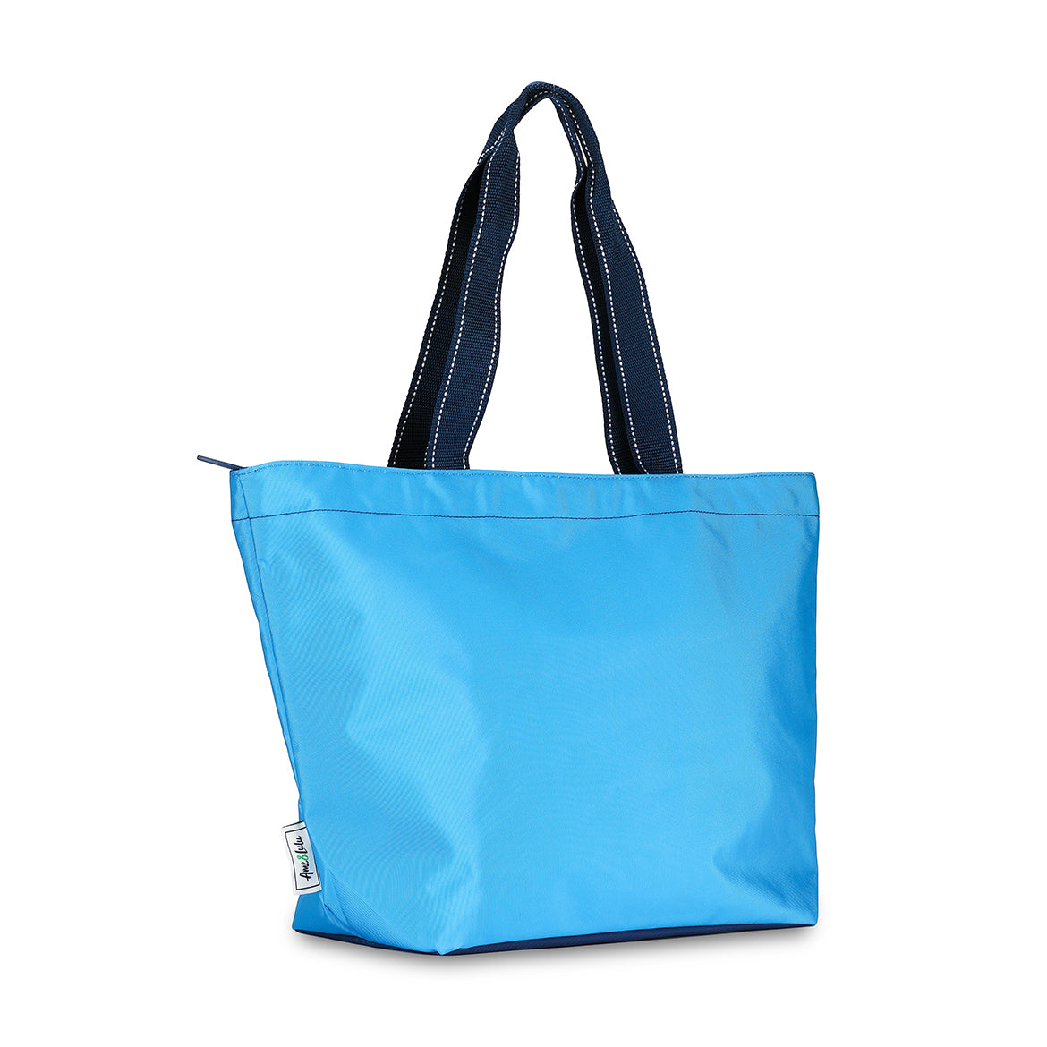 side view of blue nylon tote bag