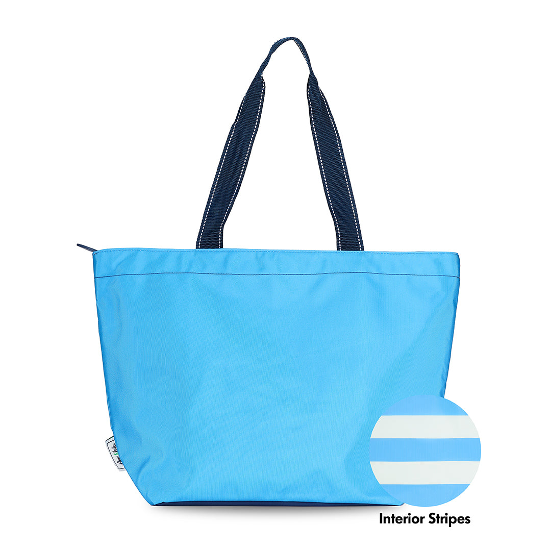 blue nylon tote bag with navy straps that has a swatch next to it to show it has blue and white interior stripes