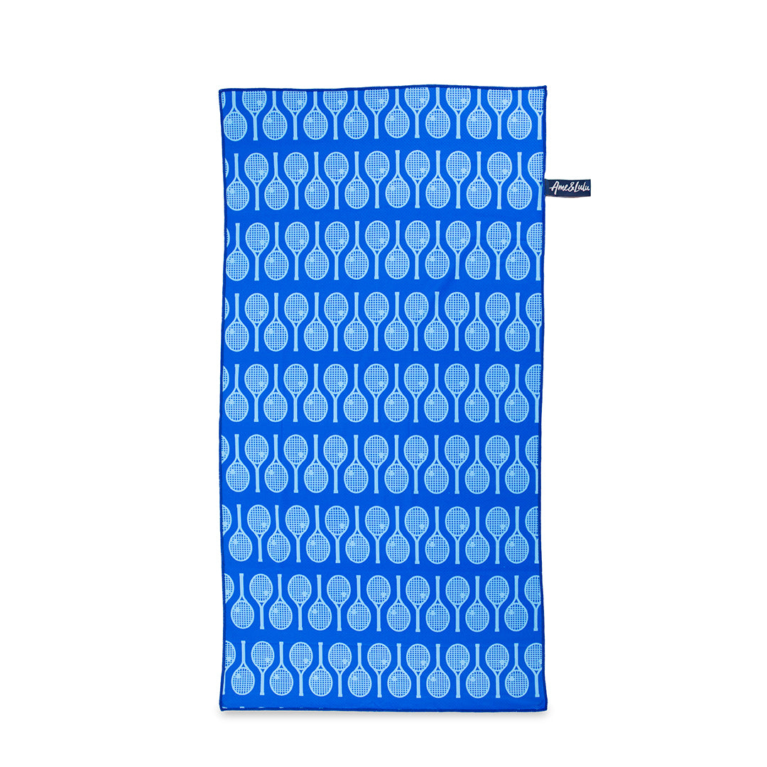 Blue rectangular towel with repeating light blue tennis racquet pattern