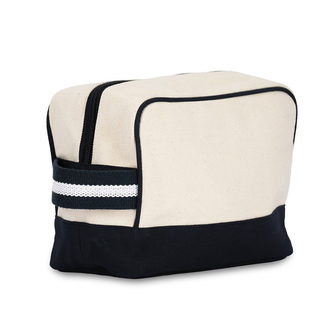 side view of the natural canvas beauty bag with navy and white cotton webbing loop on the side and navy canvas on the bottom