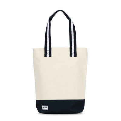natural canvas wine tote with navy and white cotton webbing straps and navy canvas at the bottom