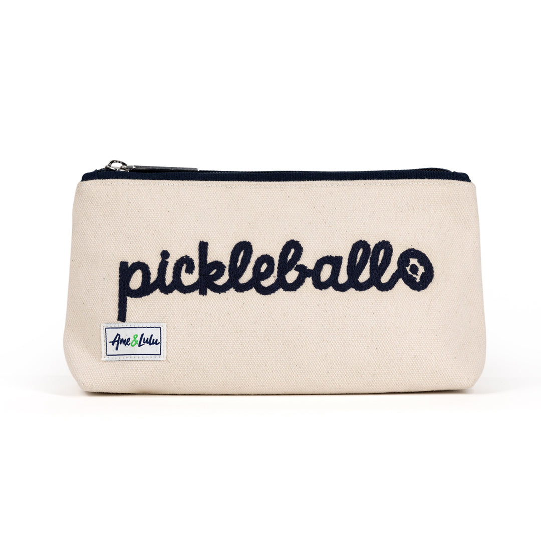 canvas cosmetic case with navy cursive stitching that says "pickleball"