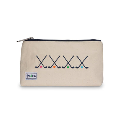 small tan canvas makeup pouch with crossed club and rainbow hearts printed on front