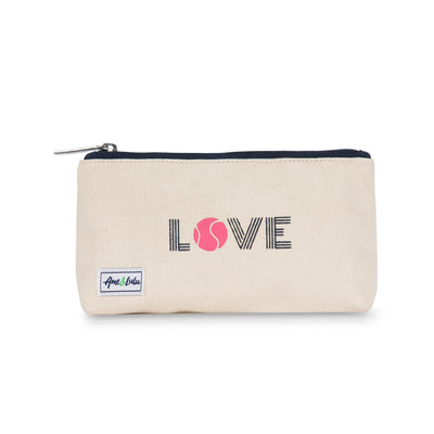 Front view of small canvas makeup pouch with navy zipper. Front has the word love printed an the letter O is a tennis ball in pink.