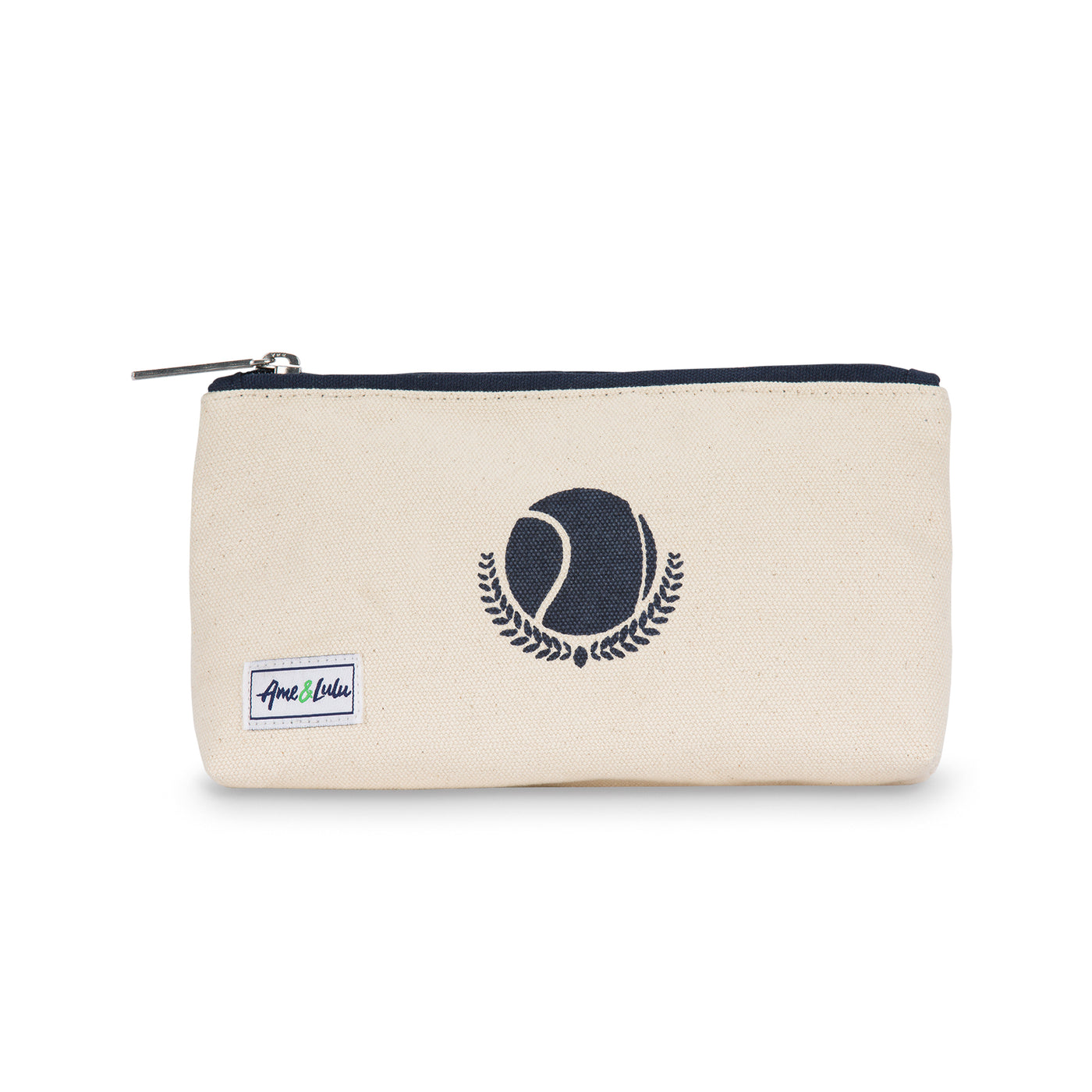 Front view of small canvas makeup pouch with navy zipper. Front has a navy tennis ball and laurel leaves printed.