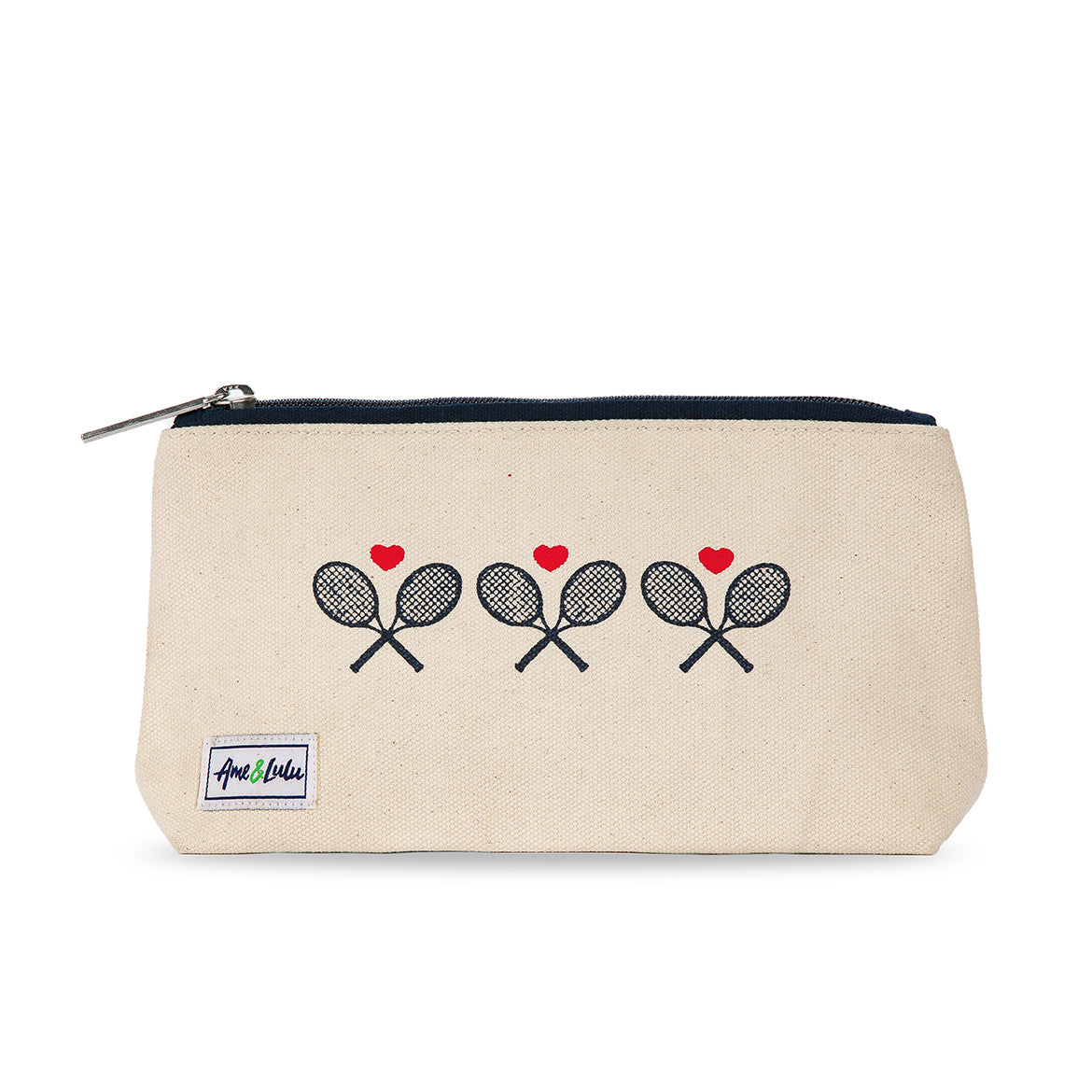 Front view of small canvas makeup pouch with navy zipper. Front has three crossed racquets in navy printed on